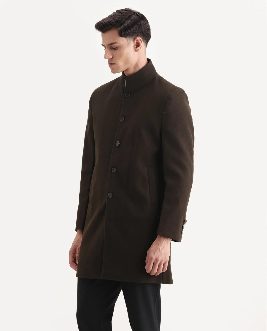 Rare Rabbit Men's Dune-25 Olive Polyester Blend Fabric High Neck Relaxed Plain Coat