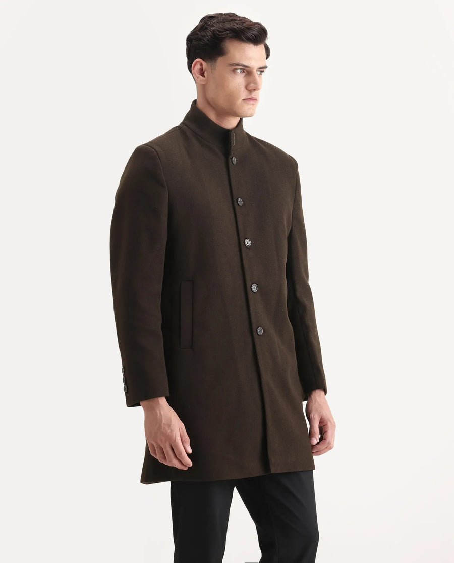 Rare Rabbit Men's Dune-25 Olive Polyester Blend Fabric High Neck Relaxed Plain Coat