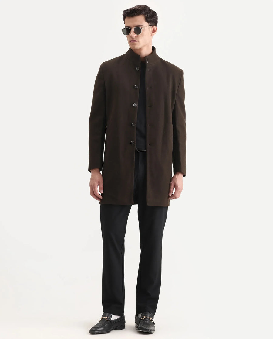 Rare Rabbit Men's Dune-25 Olive Polyester Blend Fabric High Neck Relaxed Plain Coat