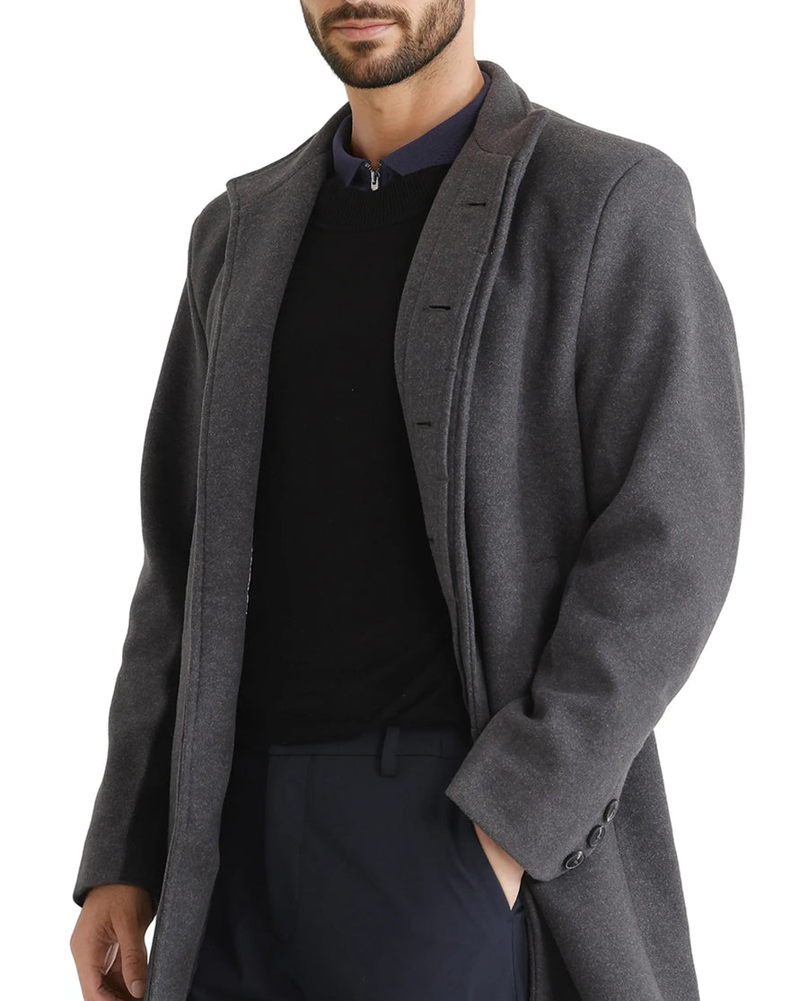 Rare Rabbit Men's Dune-2 Grey Polyester Plain Relaxed Fit Full Sleeve High Neck Coat