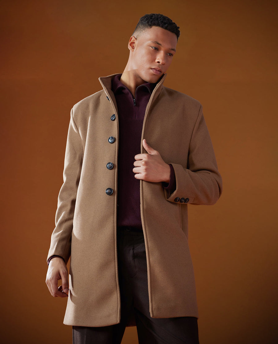 Rare Rabbit Men's Dune-2 Mustard Polyester Plain Relaxed Fit Full Sleeve High Neck Coat
