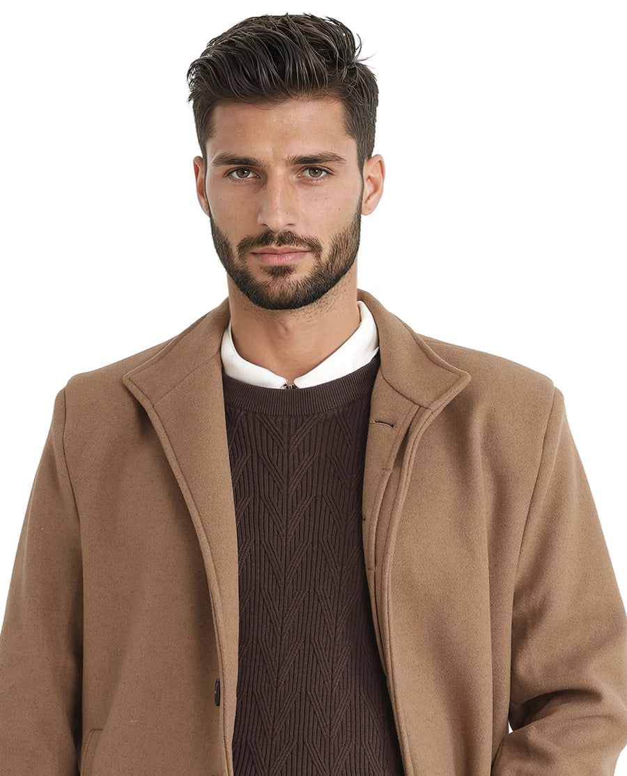 Rare Rabbit Men's Dune-2 Mustard Polyester Plain Relaxed Fit Full Sleeve High Neck Coat