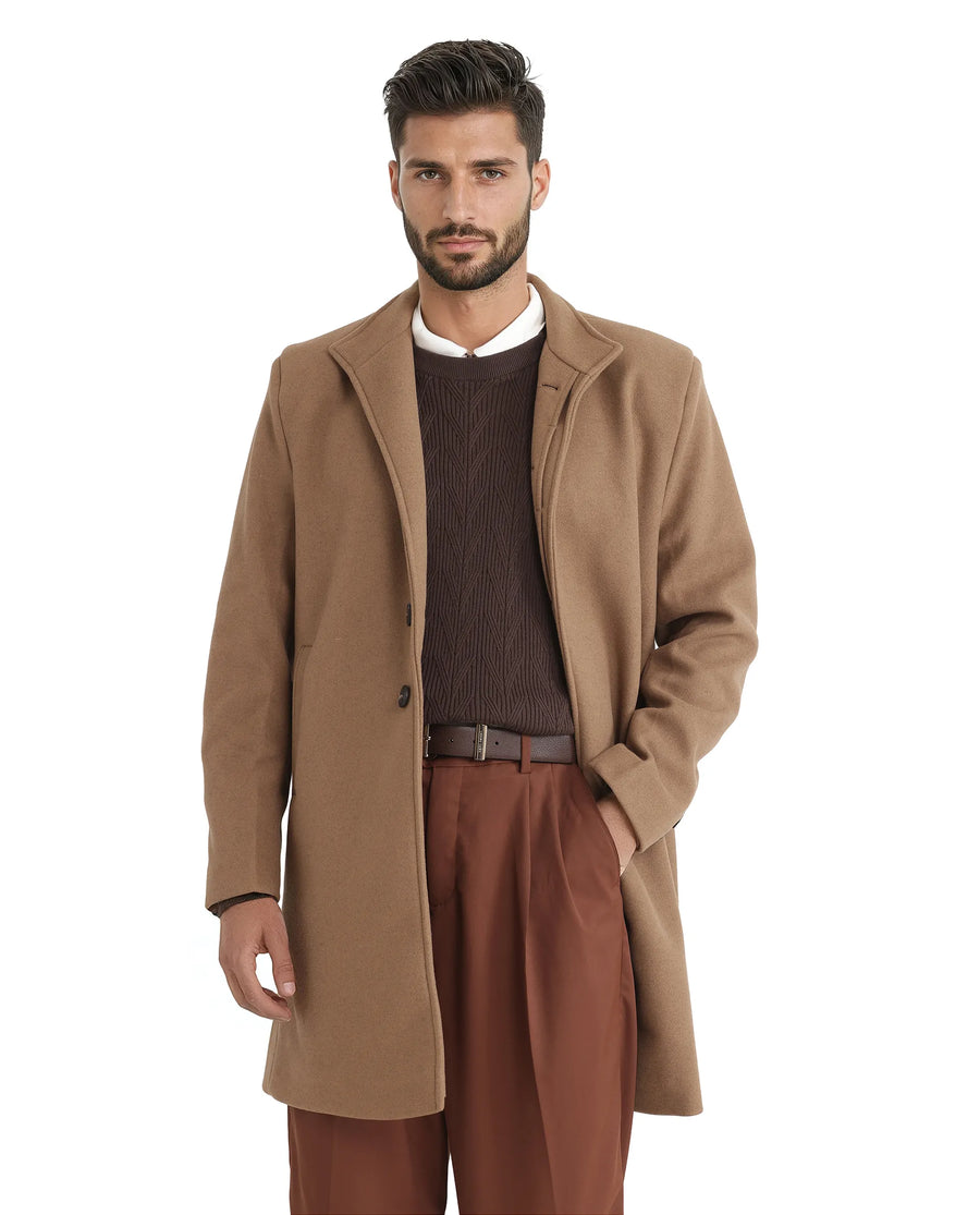 Rare Rabbit Men's Dune-2 Mustard Polyester Plain Relaxed Fit Full Sleeve High Neck Coat