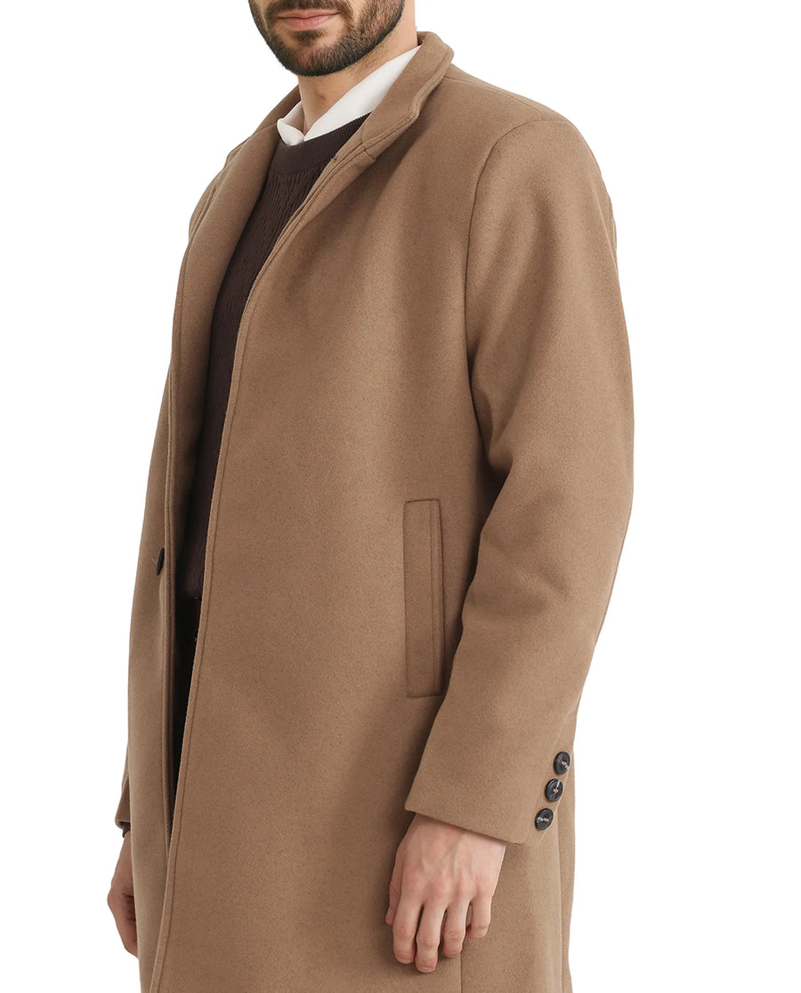 Rare Rabbit Men's Dune-2 Mustard Polyester Plain Relaxed Fit Full Sleeve High Neck Coat