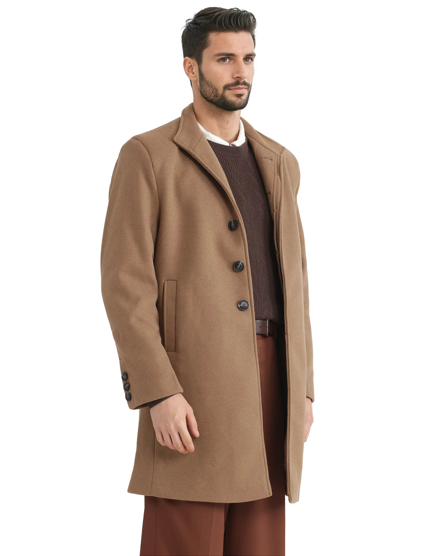Rare Rabbit Men's Dune-2 Mustard Polyester Plain Relaxed Fit Full Sleeve High Neck Coat