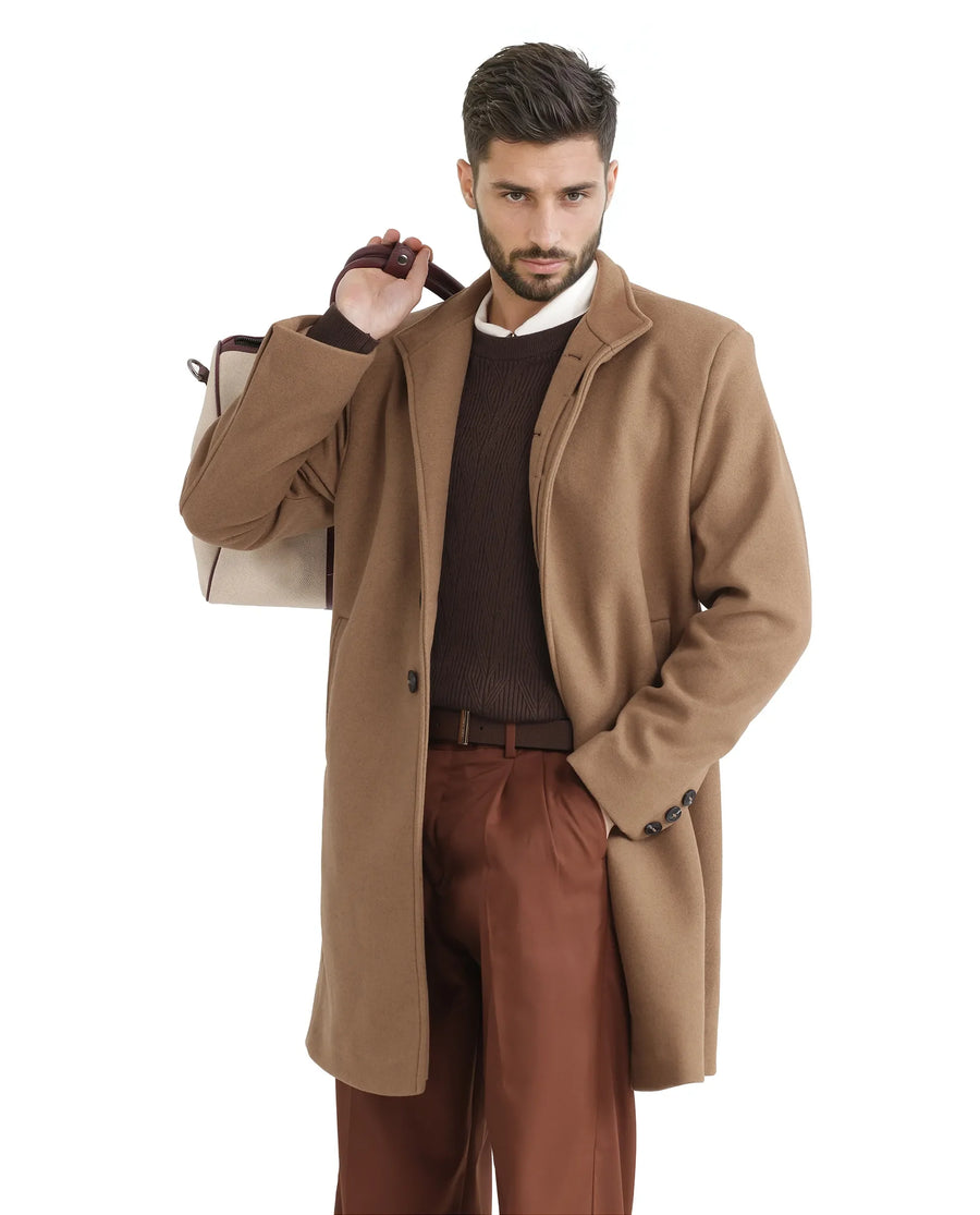 Rare Rabbit Men's Dune-2 Mustard Polyester Plain Relaxed Fit Full Sleeve High Neck Coat