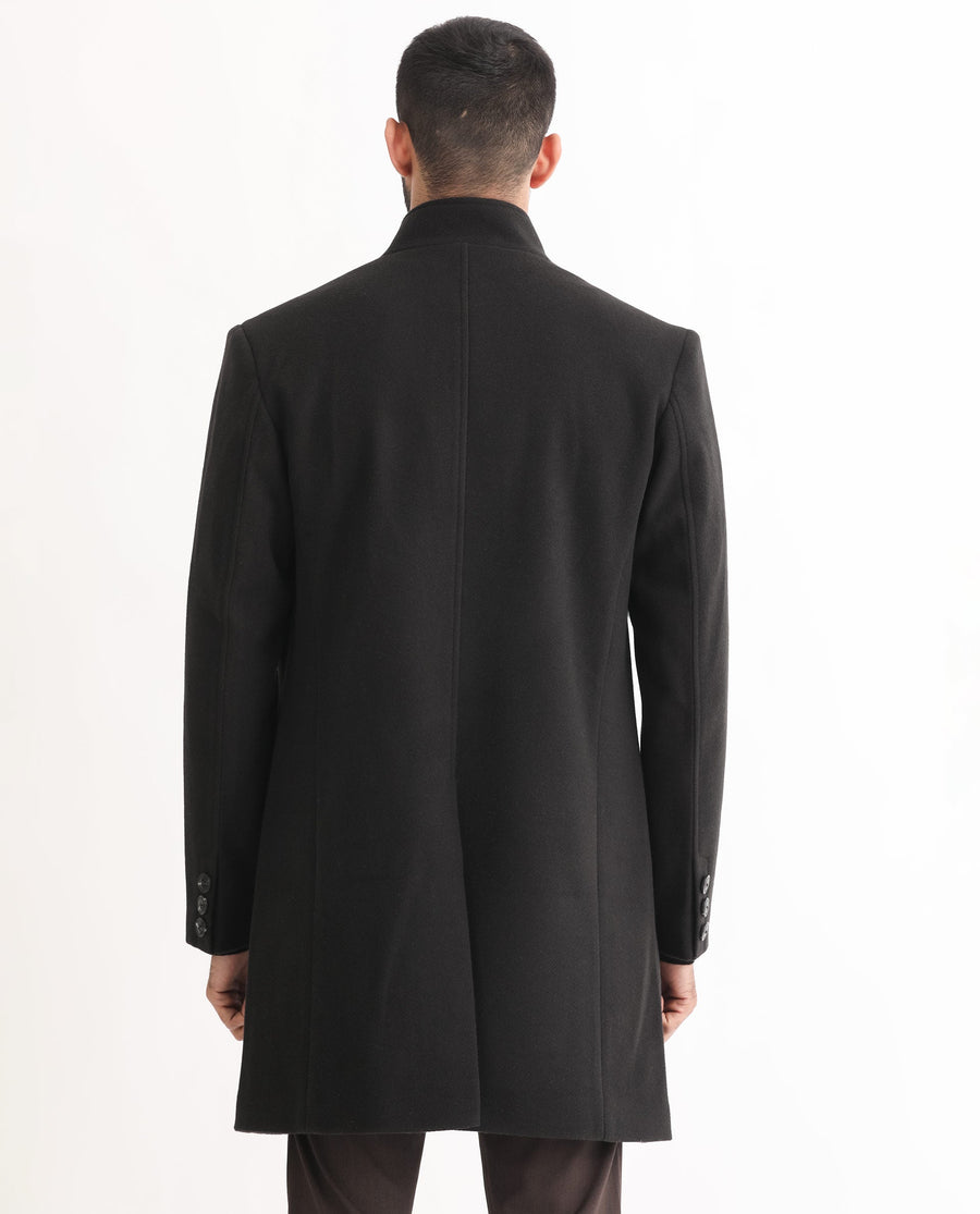 Rare Rabbit Men's Dune Black Polyester Plain Tailored Fit Full Sleeve Mandarin Collar Coat