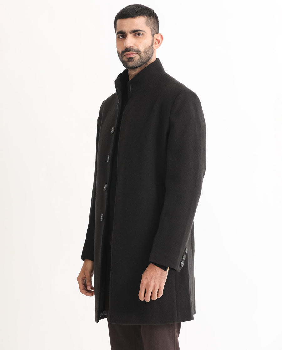 Rare Rabbit Men's Dune Black Polyester Plain Tailored Fit Full Sleeve Mandarin Collar Coat