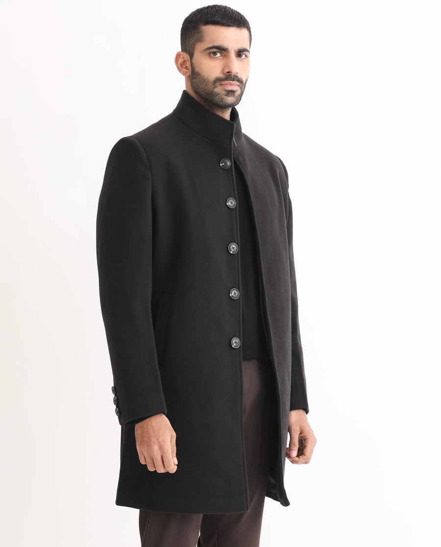Rare Rabbit Men's Dune Black Polyester Plain Tailored Fit Full Sleeve Mandarin Collar Coat