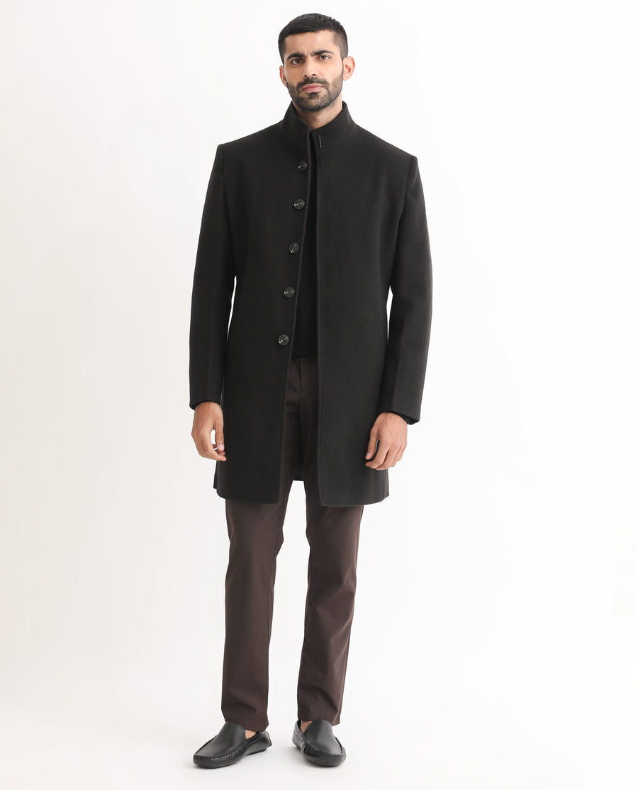 Rare Rabbit Men's Dune Black Polyester Plain Tailored Fit Full Sleeve Mandarin Collar Coat