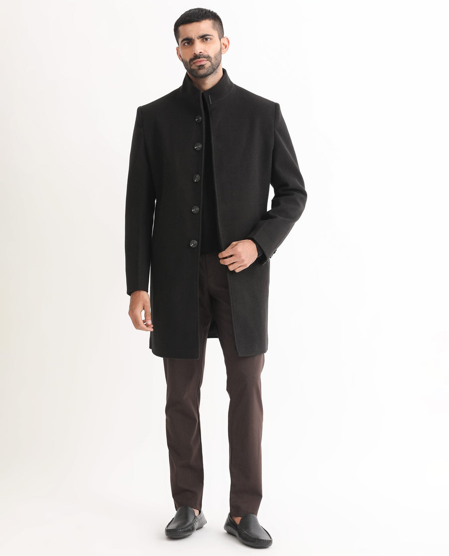 Rare Rabbit Men's Dune Black Polyester Plain Tailored Fit Full Sleeve Mandarin Collar Coat