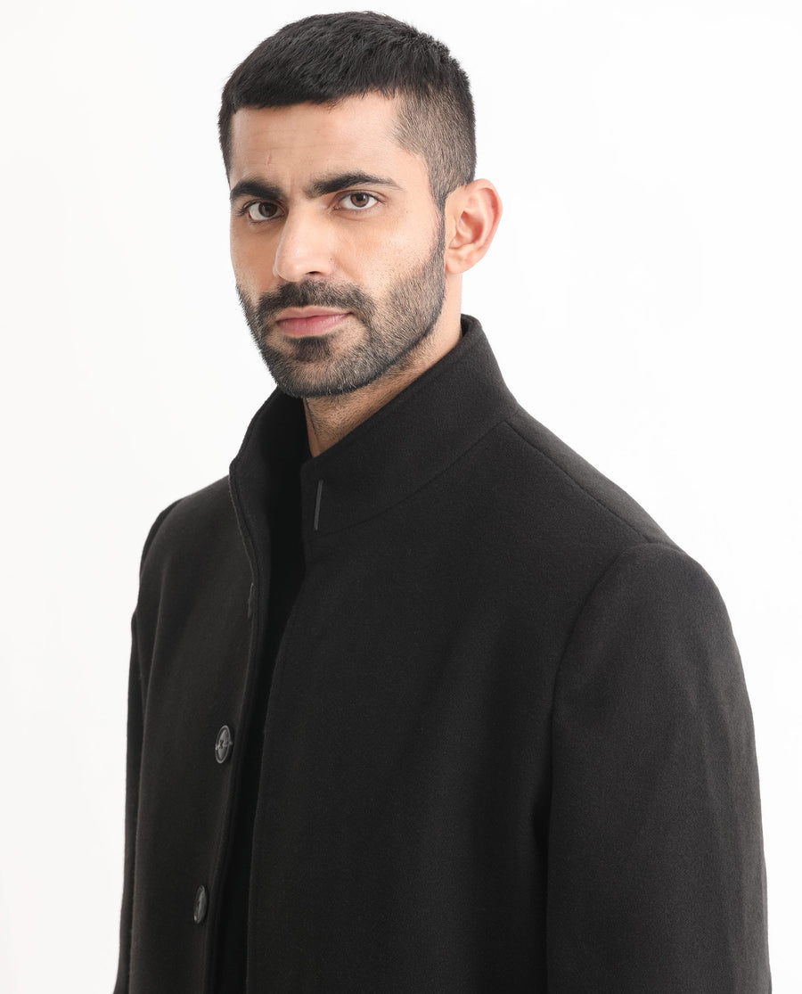 Rare Rabbit Men's Dune Black Polyester Plain Tailored Fit Full Sleeve Mandarin Collar Coat