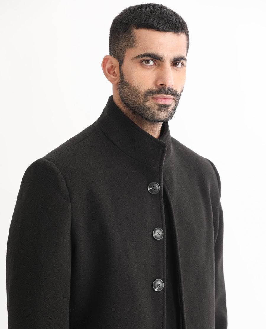 Rare Rabbit Men's Dune Black Polyester Plain Tailored Fit Full Sleeve Mandarin Collar Coat
