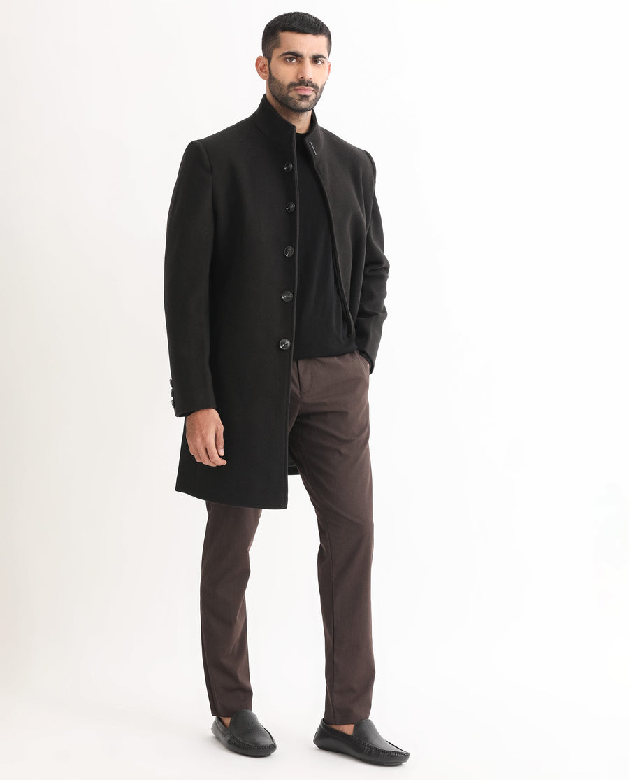 Rare Rabbit Men's Dune Black Polyester Plain Tailored Fit Full Sleeve Mandarin Collar Coat