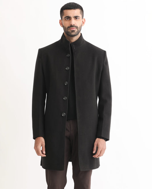 Rare Rabbit Men's Dune Black Polyester Plain Tailored Fit Full Sleeve Mandarin Collar Coat