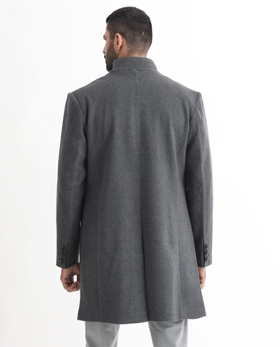 Rare Rabbit Men's Dune Grey Polyester Plain Tailored Fit Full Sleeve Mandarin Collar Coat