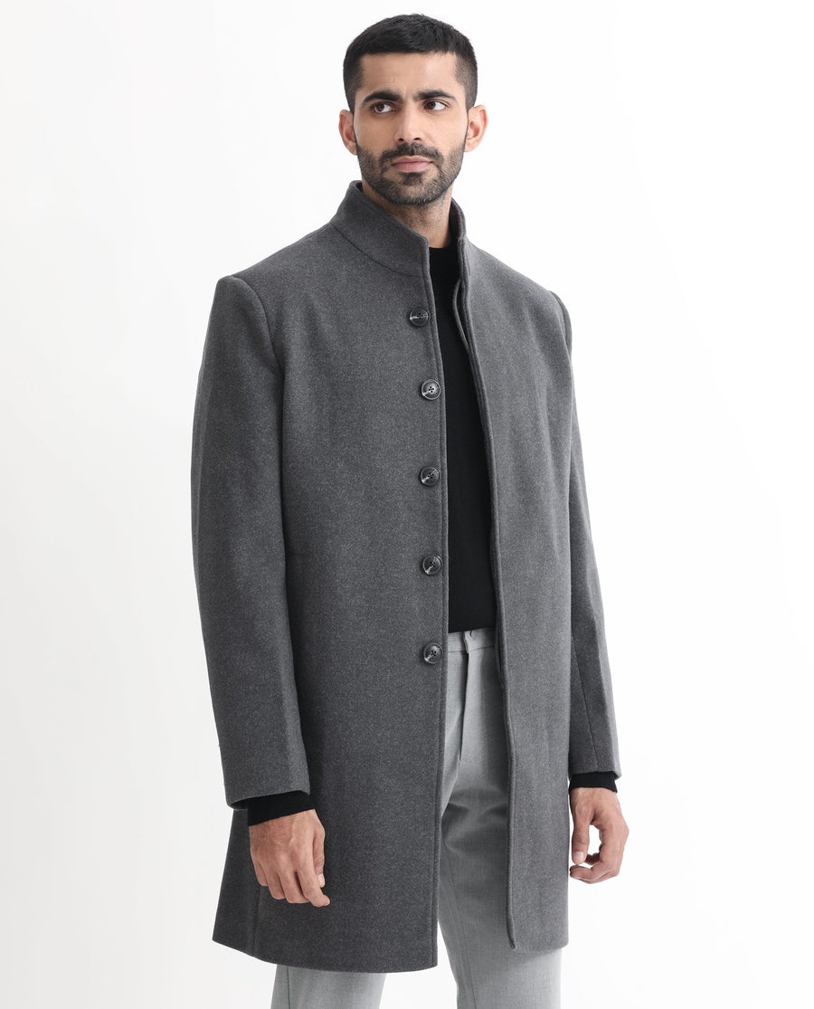 Rare Rabbit Men's Dune Grey Polyester Plain Tailored Fit Full Sleeve Mandarin Collar Coat