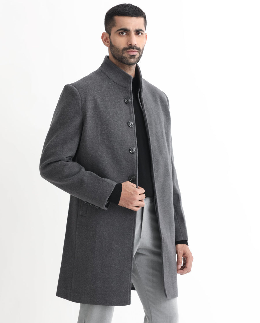 Rare Rabbit Men's Dune Grey Polyester Plain Tailored Fit Full Sleeve Mandarin Collar Coat