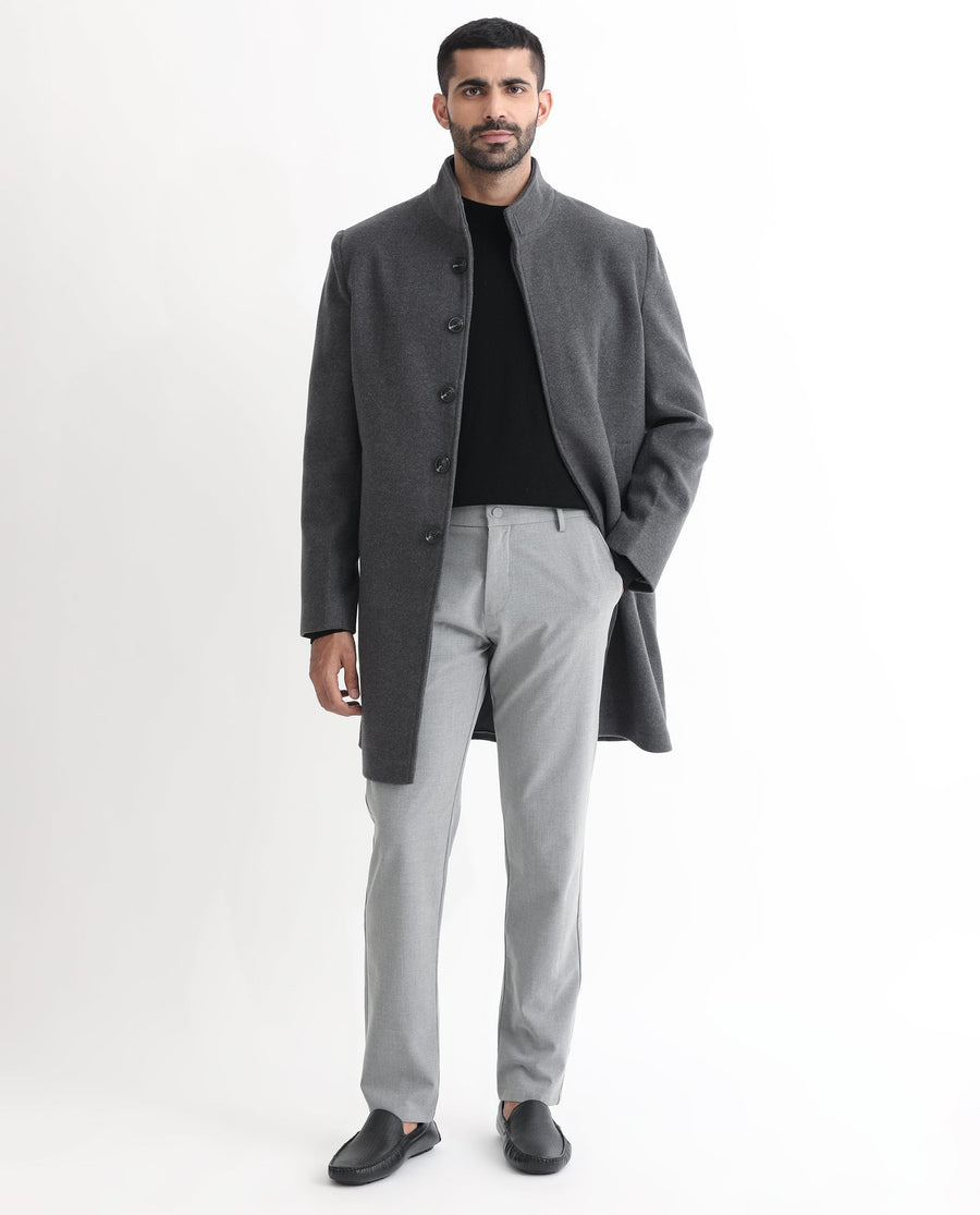 Rare Rabbit Men's Dune Grey Polyester Plain Tailored Fit Full Sleeve Mandarin Collar Coat
