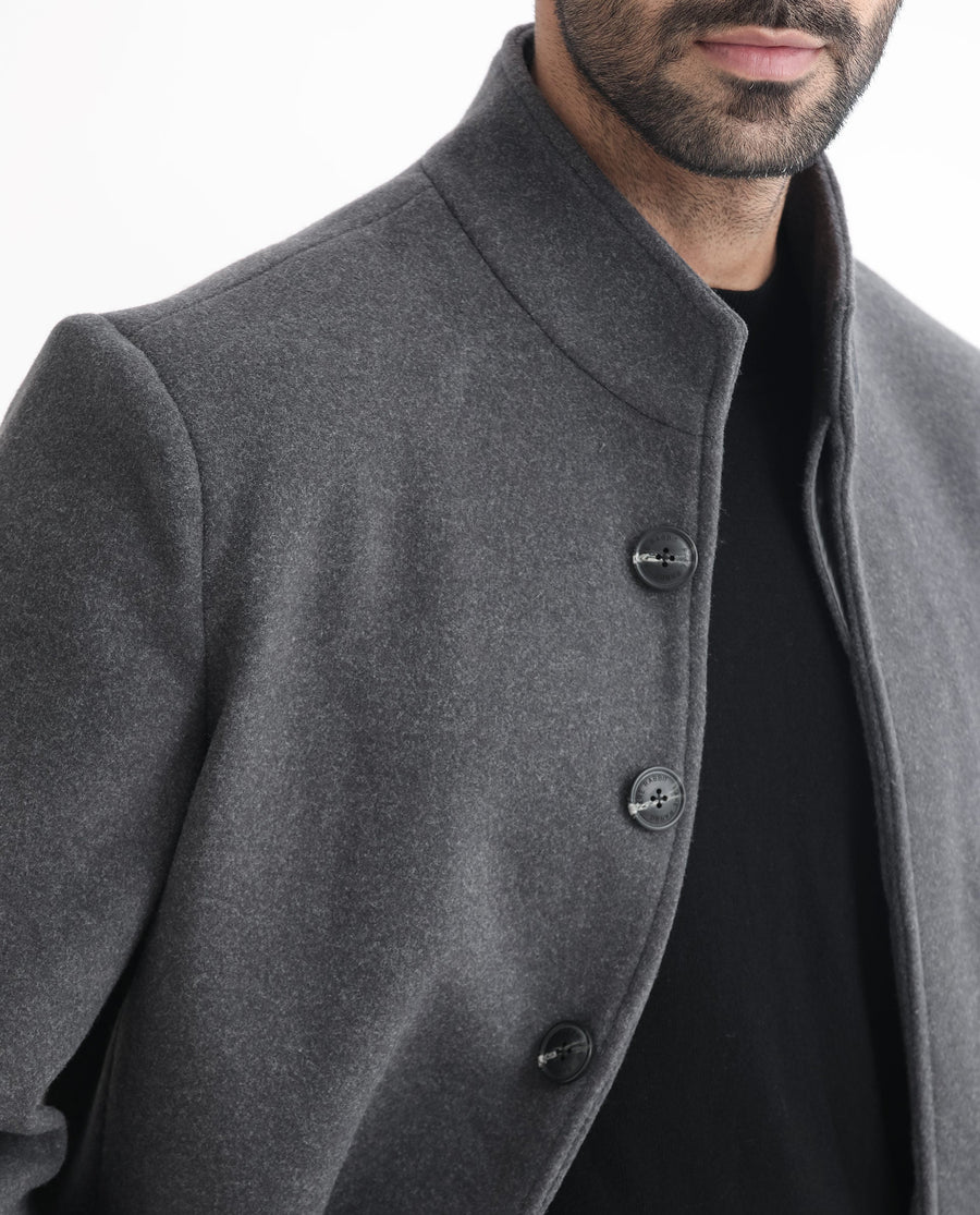 Rare Rabbit Men's Dune Grey Polyester Plain Tailored Fit Full Sleeve Mandarin Collar Coat