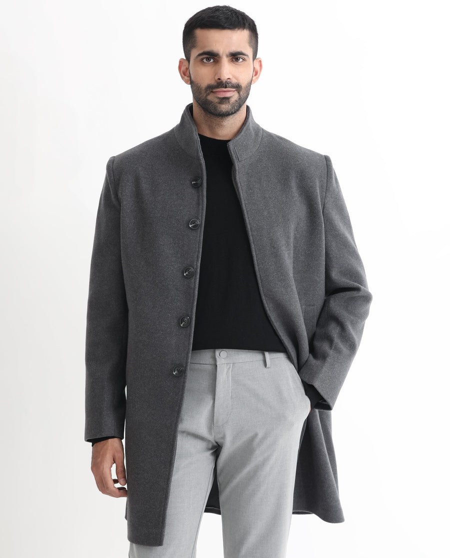 Rare Rabbit Men's Dune Grey Polyester Plain Tailored Fit Full Sleeve Mandarin Collar Coat