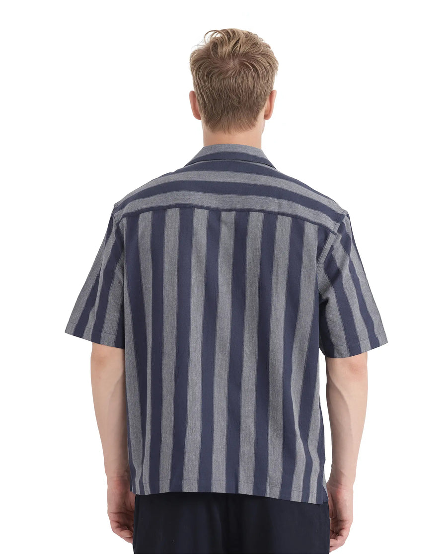 Rare Rabbit Men's Dushan Navy Cotton Striped Print Regular Fit Half Sleeve Cuban Collar Shirt