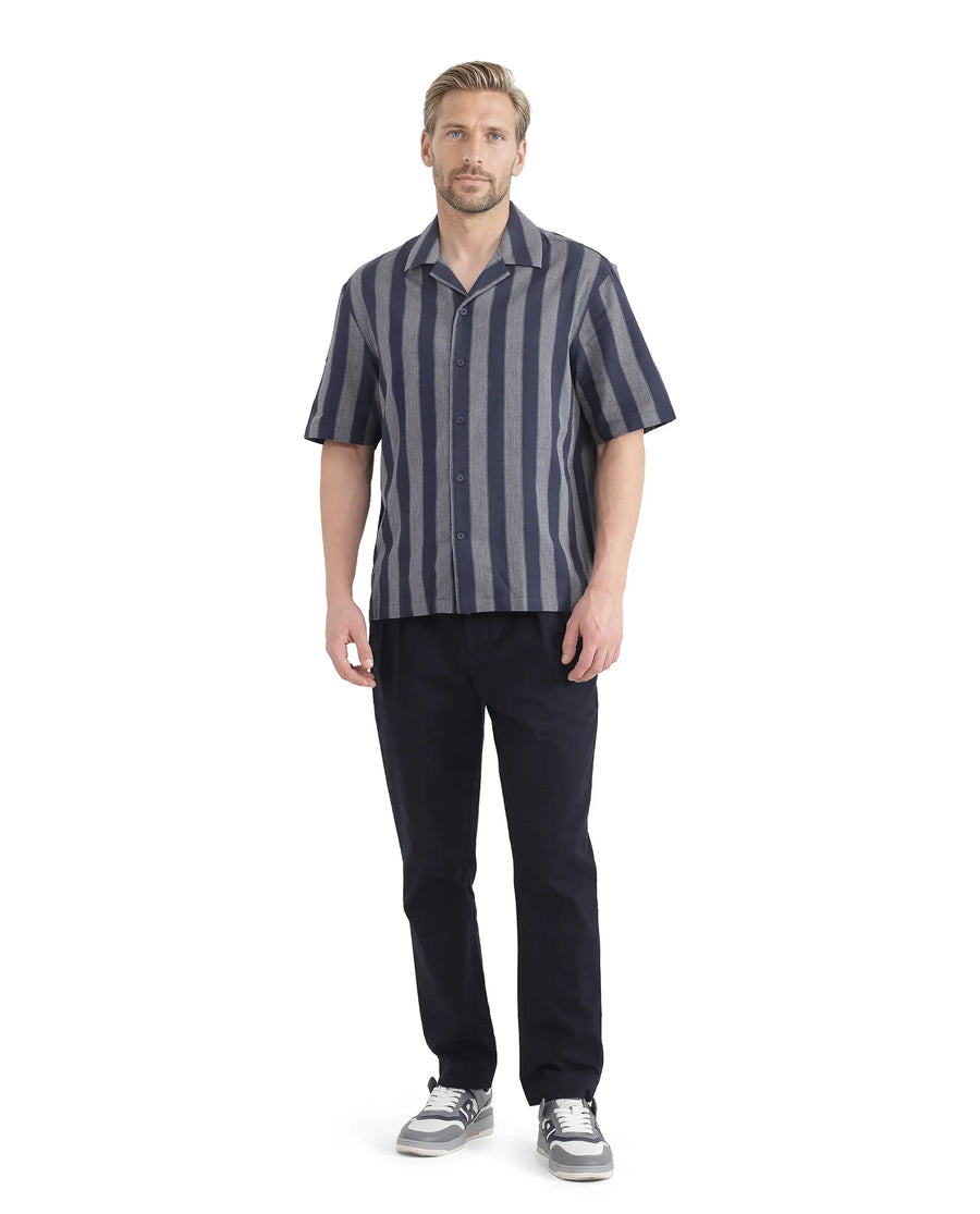 Rare Rabbit Men's Dushan Navy Cotton Striped Print Regular Fit Half Sleeve Cuban Collar Shirt