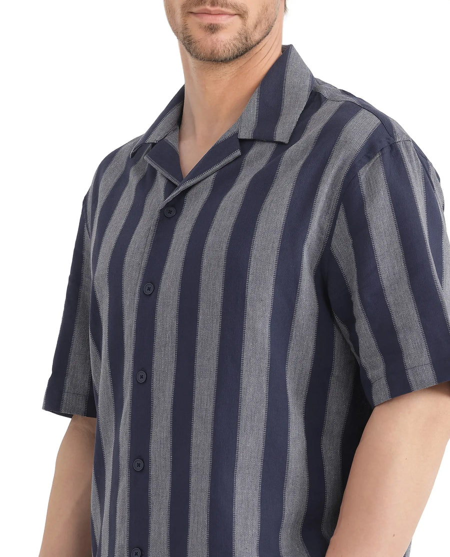 Rare Rabbit Men's Dushan Navy Cotton Striped Print Regular Fit Half Sleeve Cuban Collar Shirt