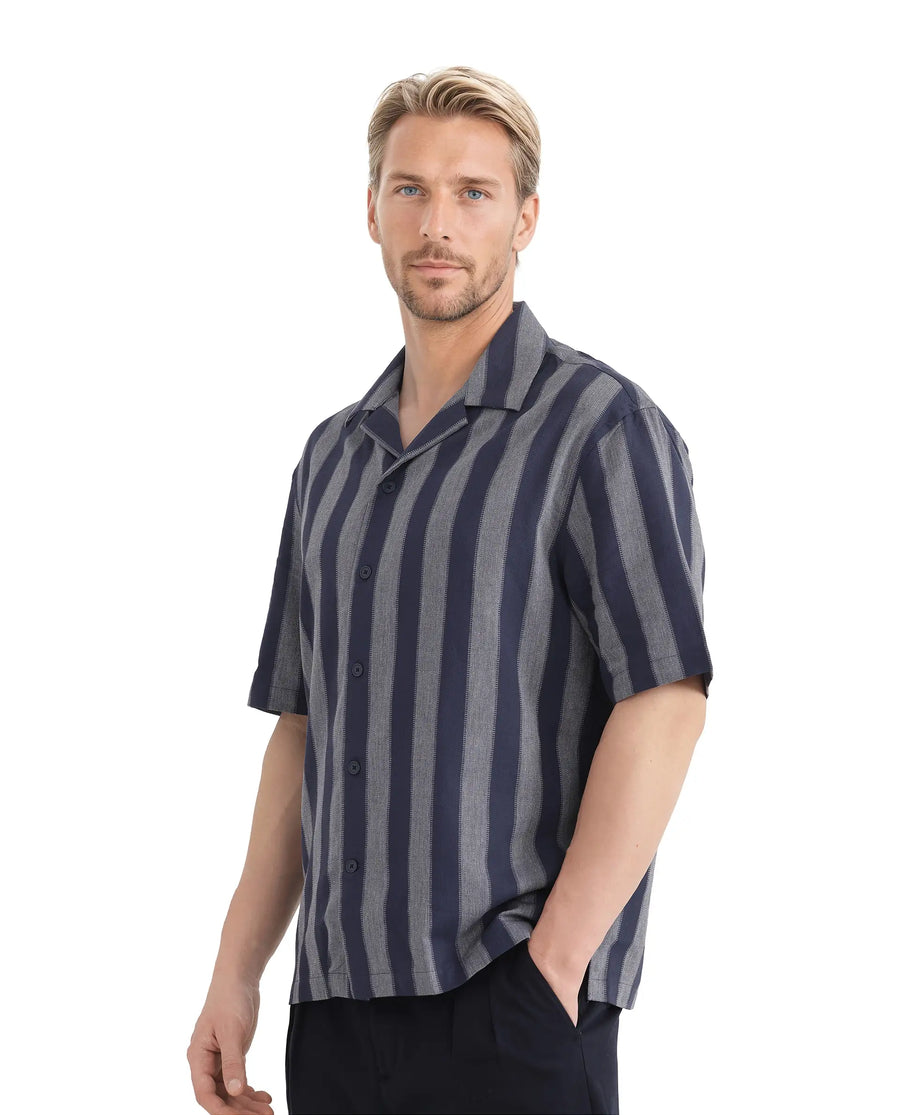 Rare Rabbit Men's Dushan Navy Cotton Striped Print Regular Fit Half Sleeve Cuban Collar Shirt