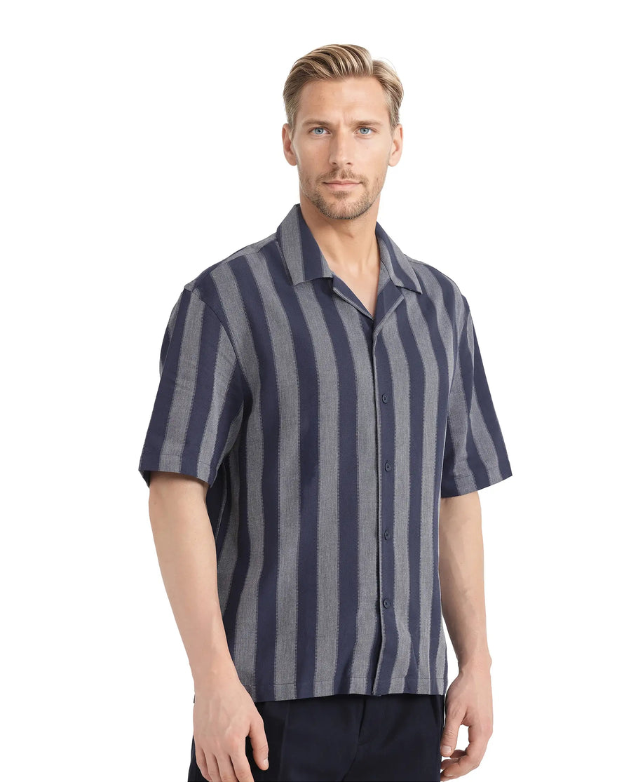 Rare Rabbit Men's Dushan Navy Cotton Striped Print Regular Fit Half Sleeve Cuban Collar Shirt