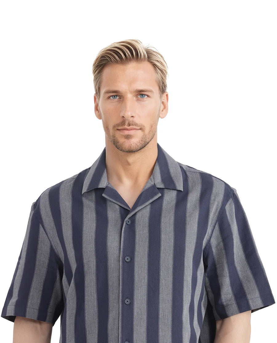 Rare Rabbit Men's Dushan Navy Cotton Striped Print Regular Fit Half Sleeve Cuban Collar Shirt