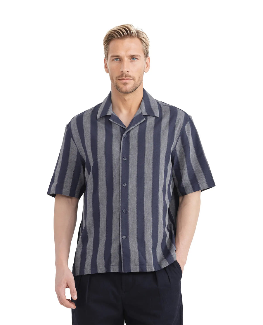 Rare Rabbit Men's Dushan Navy Cotton Striped Print Regular Fit Half Sleeve Cuban Collar Shirt