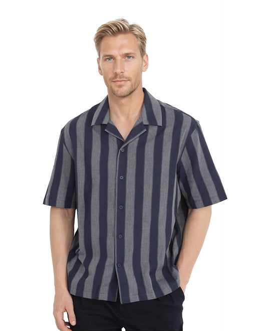 Rare Rabbit Men's Dushan Navy Cotton Striped Print Regular Fit Half Sleeve Cuban Collar Shirt