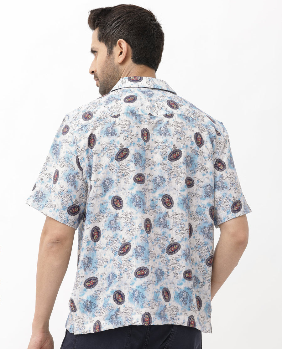 Rare Rabbit Men's Duskon Blue Viscose Abstract Print Boxy Fit Half Sleeve Cuban Collar Shirt