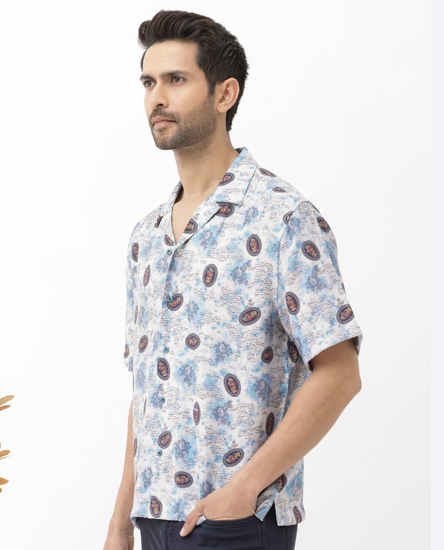 Rare Rabbit Men's Duskon Blue Viscose Abstract Print Boxy Fit Half Sleeve Cuban Collar Shirt