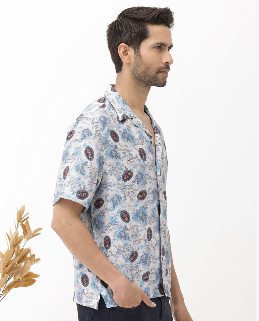 Rare Rabbit Men's Duskon Blue Viscose Abstract Print Boxy Fit Half Sleeve Cuban Collar Shirt