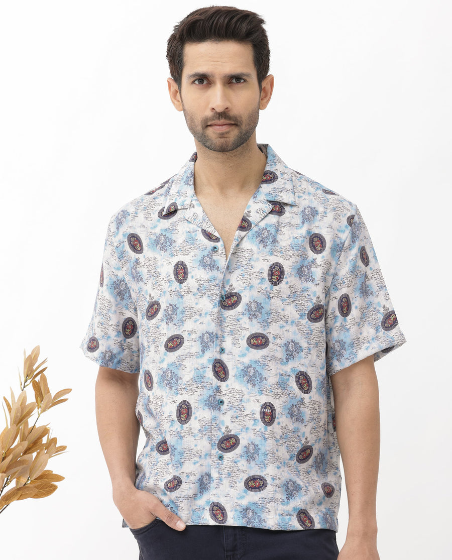 Rare Rabbit Men's Duskon Blue Viscose Abstract Print Boxy Fit Half Sleeve Cuban Collar Shirt