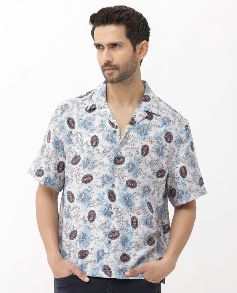 Rare Rabbit Men's Duskon Blue Viscose Abstract Print Boxy Fit Half Sleeve Cuban Collar Shirt