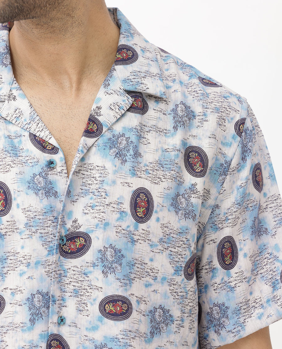 Rare Rabbit Men's Duskon Blue Viscose Abstract Print Boxy Fit Half Sleeve Cuban Collar Shirt