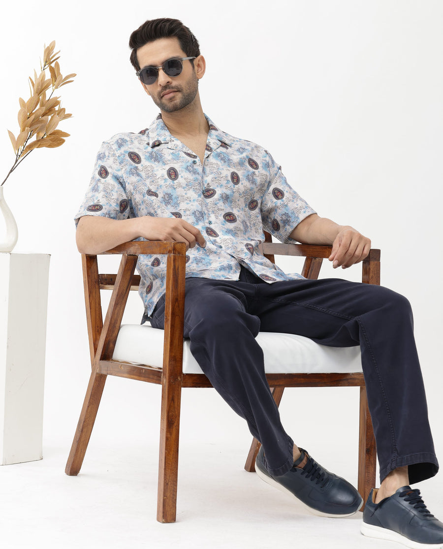 Rare Rabbit Men's Duskon Blue Viscose Abstract Print Boxy Fit Half Sleeve Cuban Collar Shirt