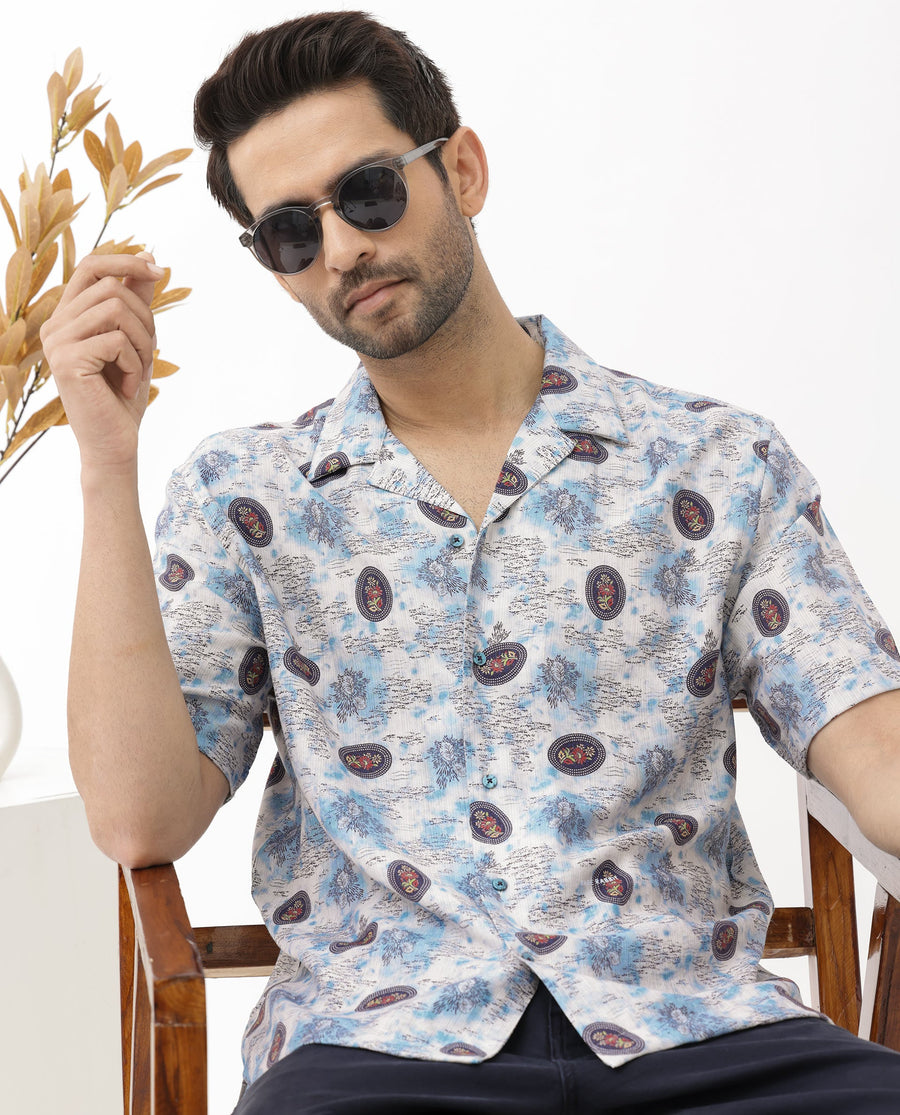 Rare Rabbit Men's Duskon Blue Viscose Abstract Print Boxy Fit Half Sleeve Cuban Collar Shirt