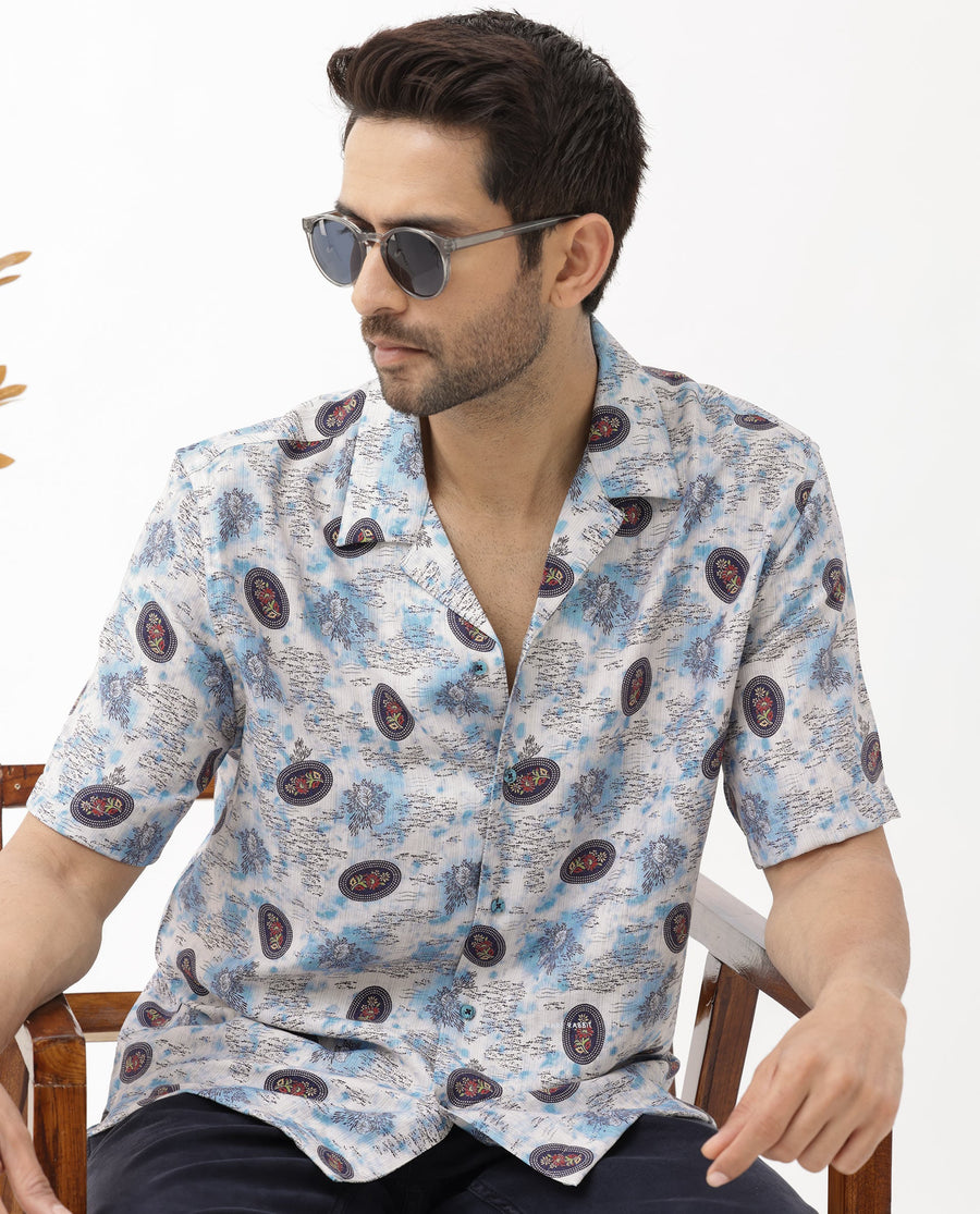 Rare Rabbit Men's Duskon Blue Viscose Abstract Print Boxy Fit Half Sleeve Cuban Collar Shirt