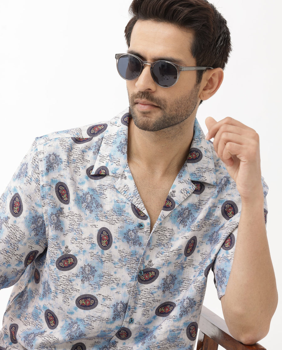 Rare Rabbit Men's Duskon Blue Viscose Abstract Print Boxy Fit Half Sleeve Cuban Collar Shirt