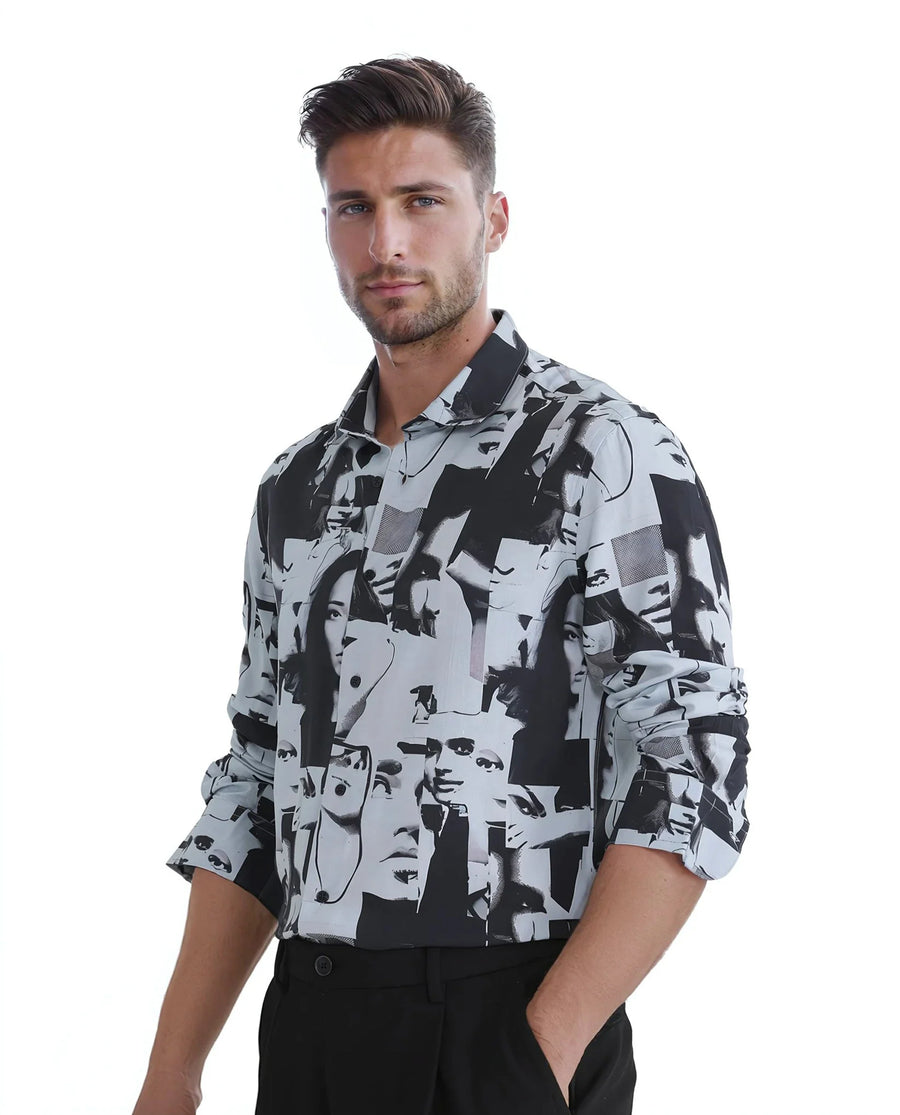 Rare Rabbit Men's Duval Ls Grey Viscose Abstract Print Regular Fit Full Sleeve Collared Shirt