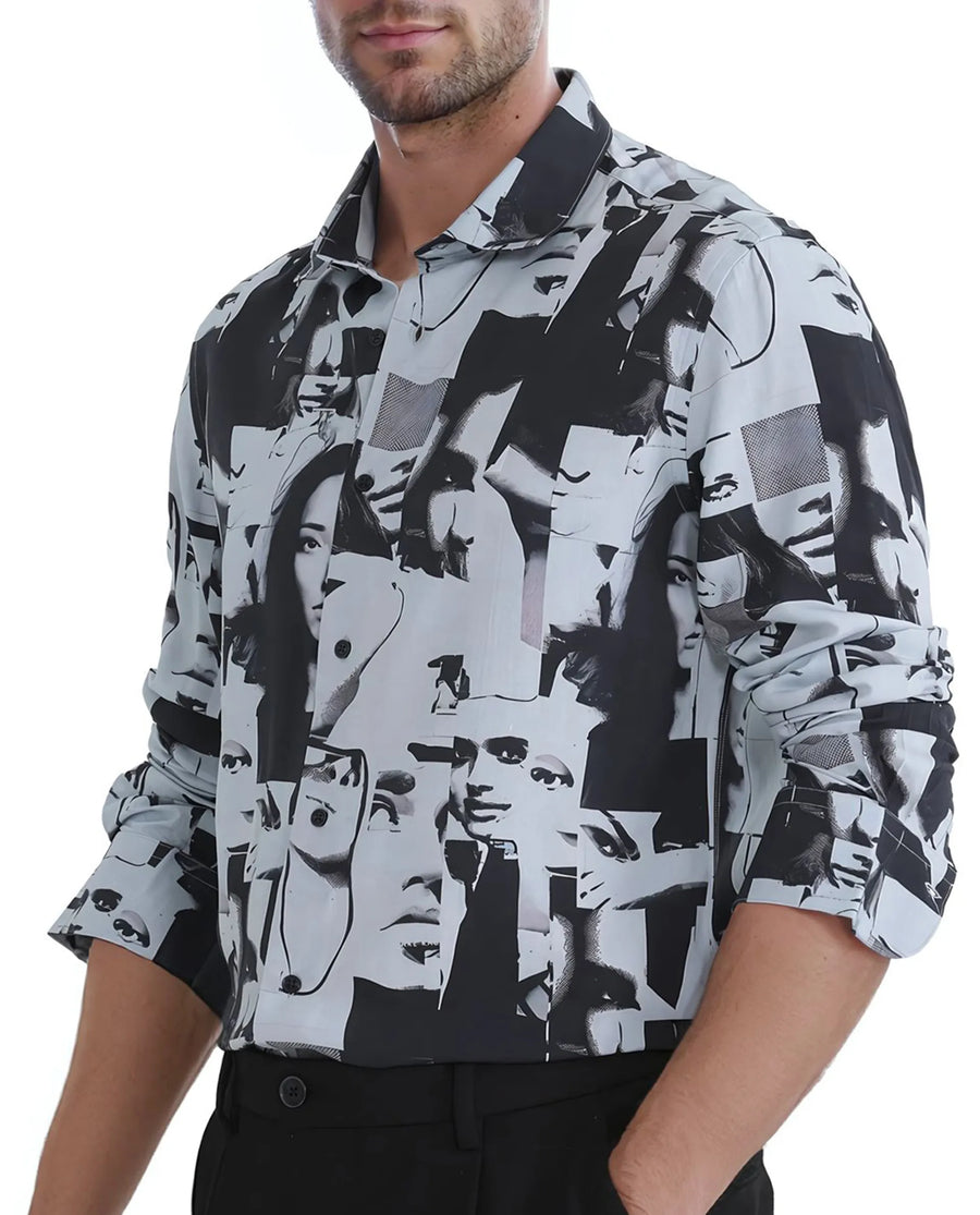 Rare Rabbit Men's Duval Ls Grey Viscose Abstract Print Regular Fit Full Sleeve Collared Shirt
