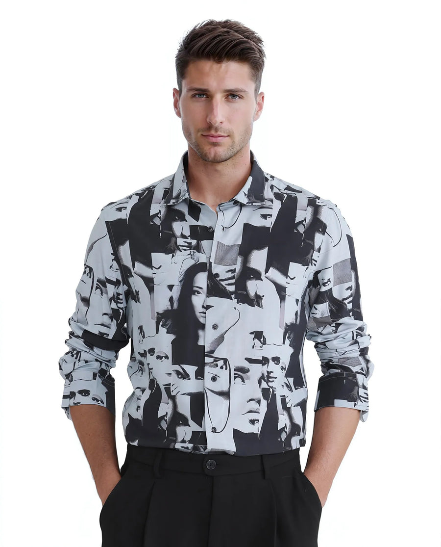 Rare Rabbit Men's Duval Ls Grey Viscose Abstract Print Regular Fit Full Sleeve Collared Shirt