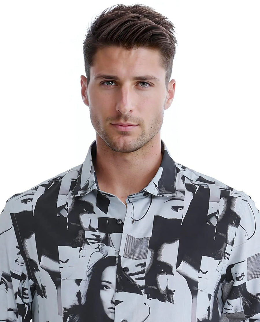 Rare Rabbit Men's Duval Ls Grey Viscose Abstract Print Regular Fit Full Sleeve Collared Shirt