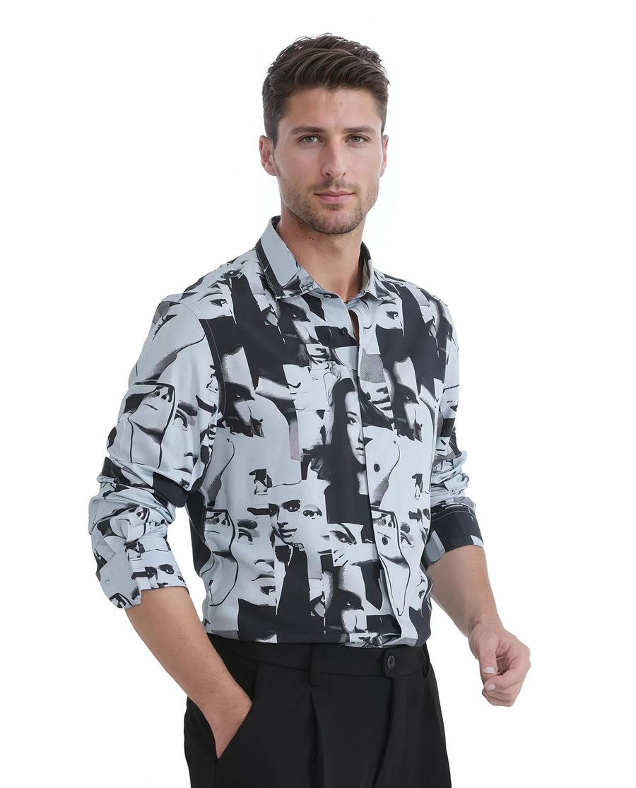 Rare Rabbit Men's Duval Ls Grey Viscose Abstract Print Regular Fit Full Sleeve Collared Shirt