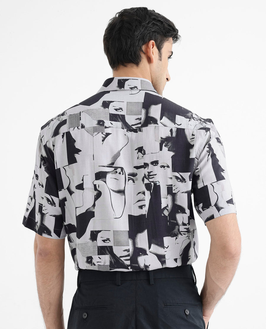 Rare Rabbit Men's Duval Ss Grey Viscose Abstract Print Boxy Fit Half Sleeve Collared Shirt