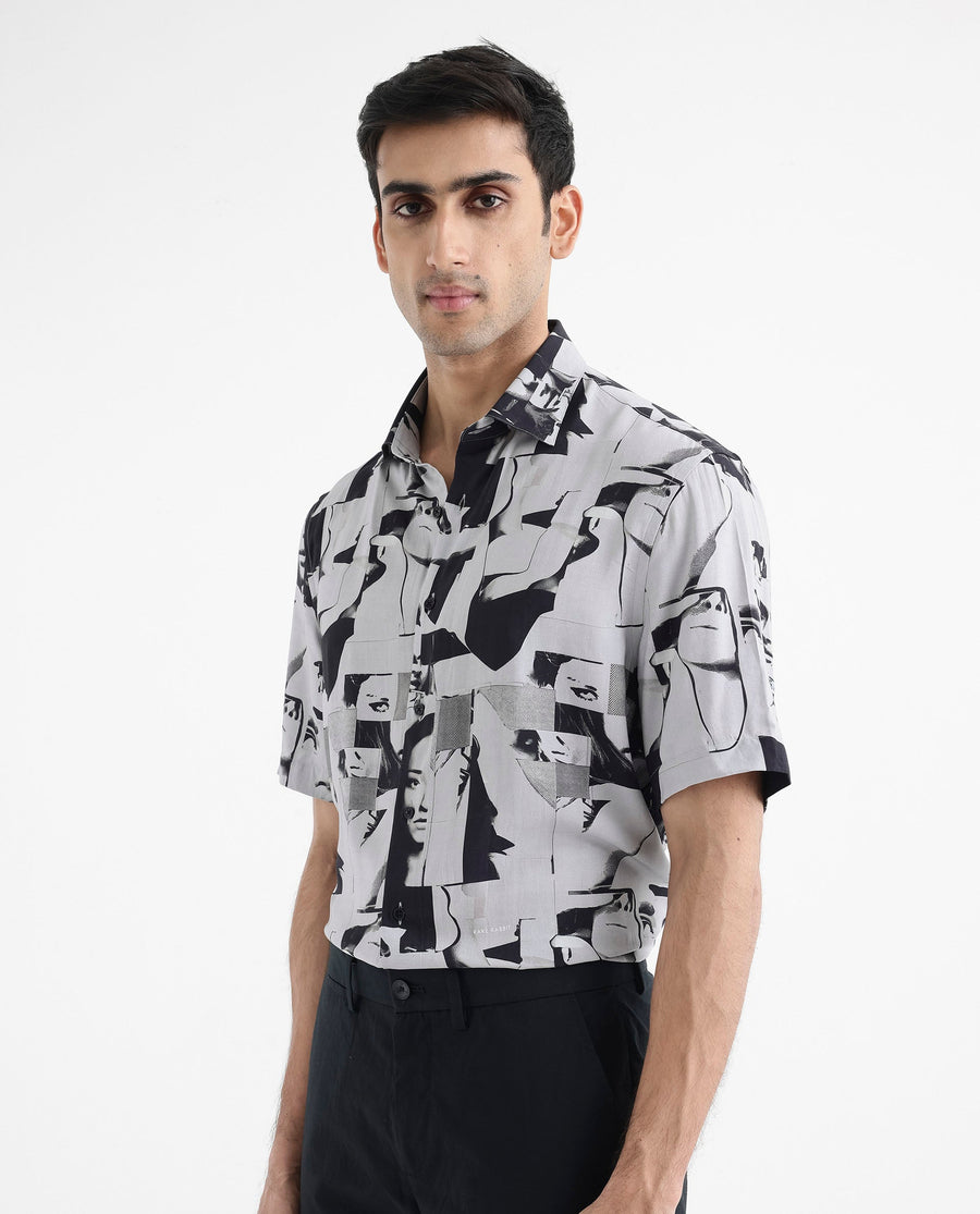 Rare Rabbit Men's Duval Ss Grey Viscose Abstract Print Boxy Fit Half Sleeve Collared Shirt